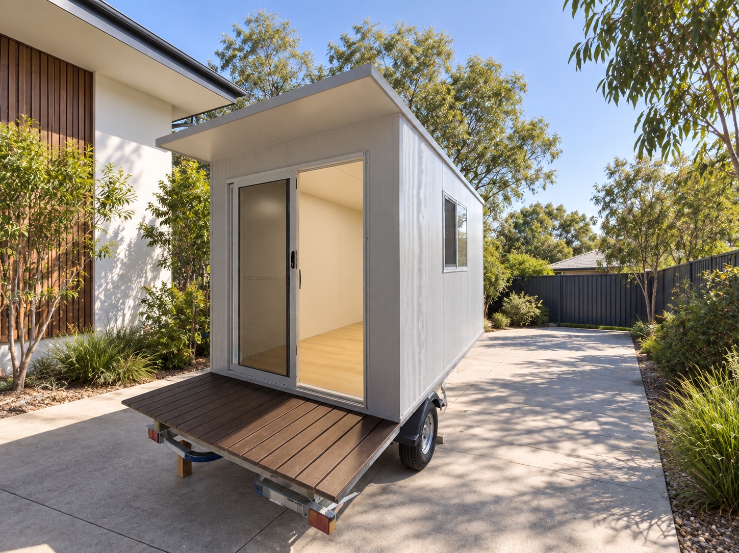 Easy Portable Hire room on its trailer at a Brisbane property